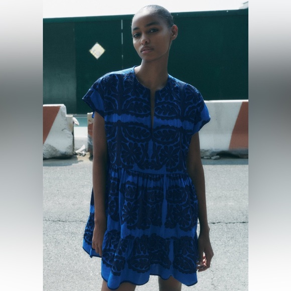 Zara SHORT EMBROIDERED DRESS. Bluish. Sizes M, L. New with Tags. - Picture 4 of 7
